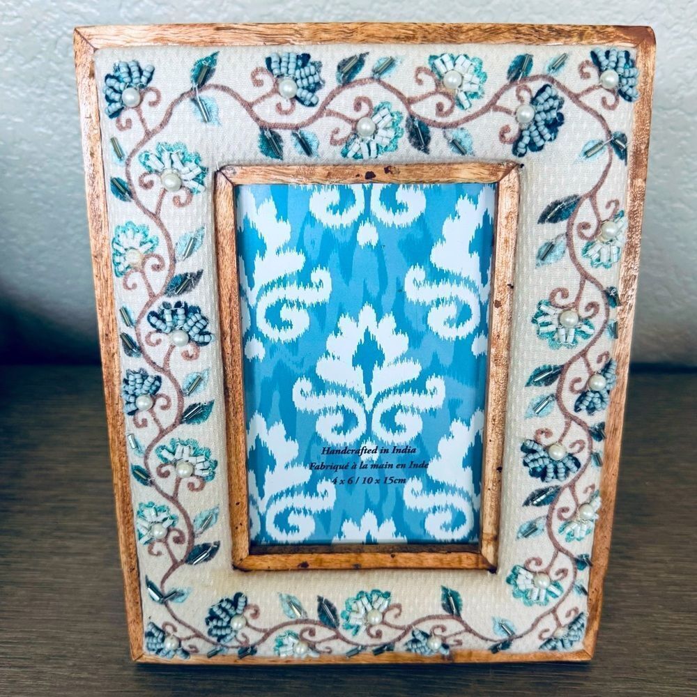Blue Floral Beaded Wood Fabric Picture Frame